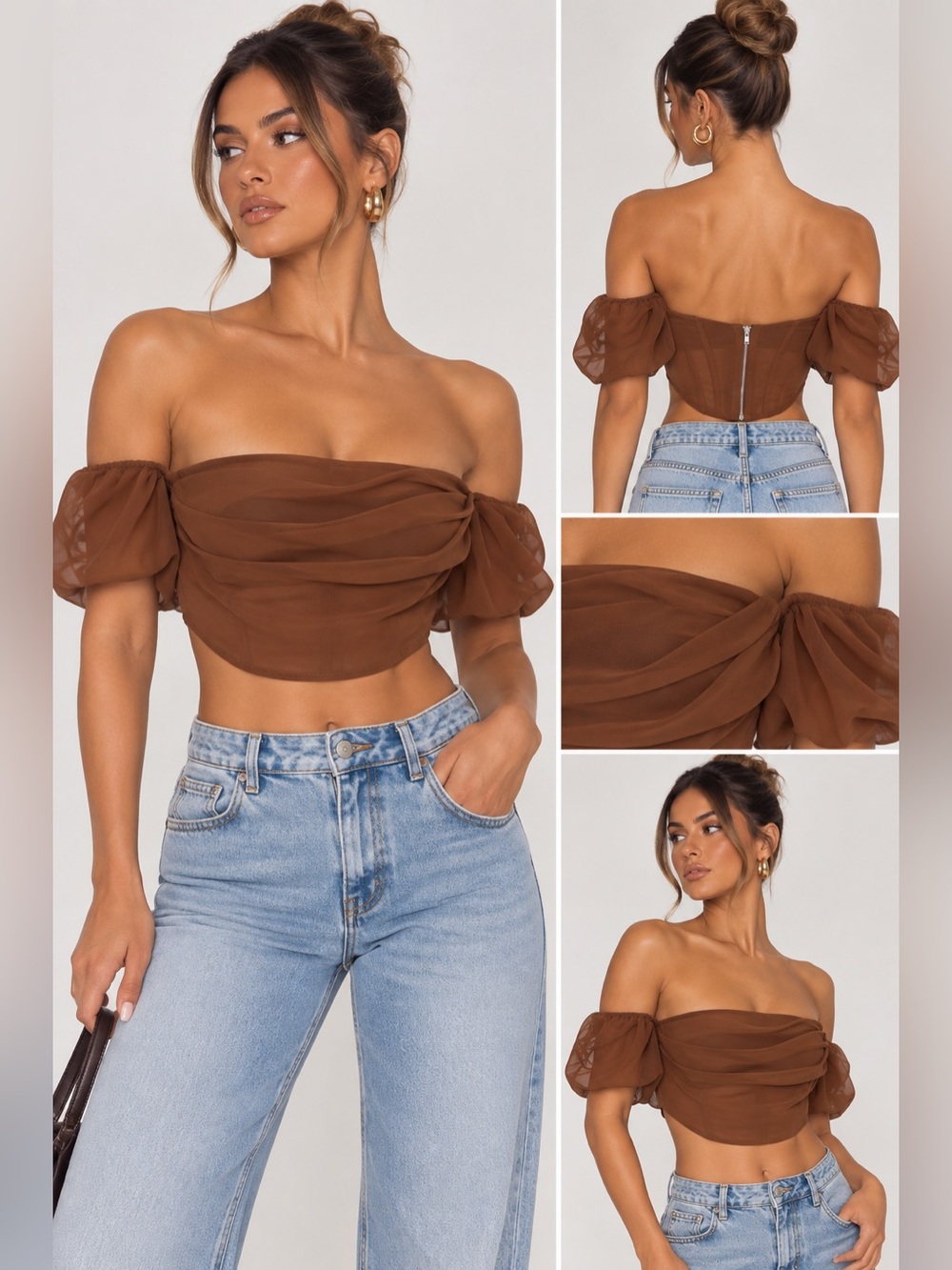 PrettyLittleThing Brown Sheer Zip-Up Crop Top